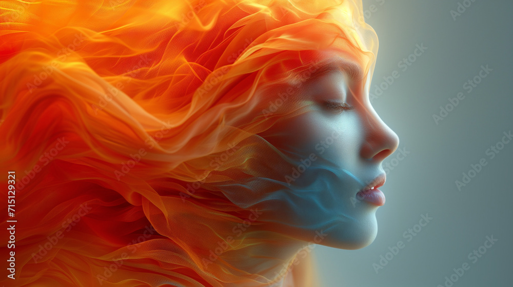 Captivating image a close up woman's face decorated with a with silk or satin cloth.  Surrealistic artwork. The intricate details, and utilize soft lighting. The magical and dreamlike ambiance.