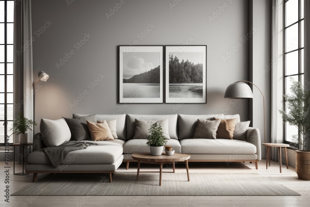 Fototapeta premium farmhouse interior home design of modern living room with rustic gray sofa and houseplants on gray wall near the window