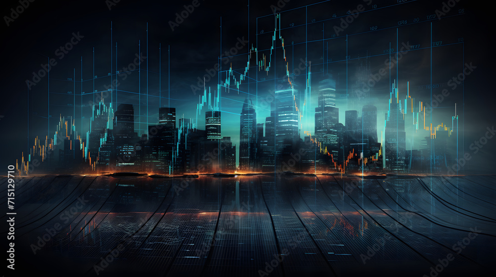 trading chart with a city background ( desktop background)