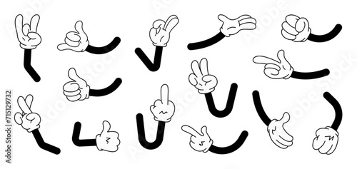 Cartoons template hands with four fingers, classic style from the 30s, cartoons and comics. Mascot characters in white gloves with various gestures. Retro cartoon hands set. Vector set, hand gesture