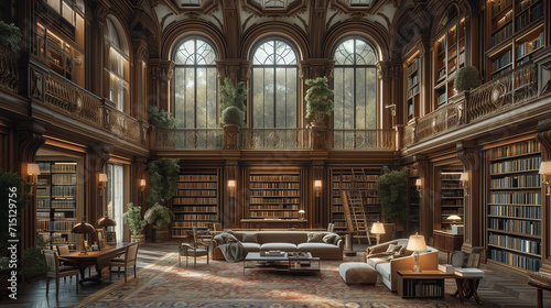 Grand Library Interior with Elegant Bookshelves and Cozy Seating