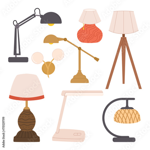 Table and Wall Lamps, Desk Light Bulbs and Torcheres of Modern Design with Colorful Shades. Electric Supplies