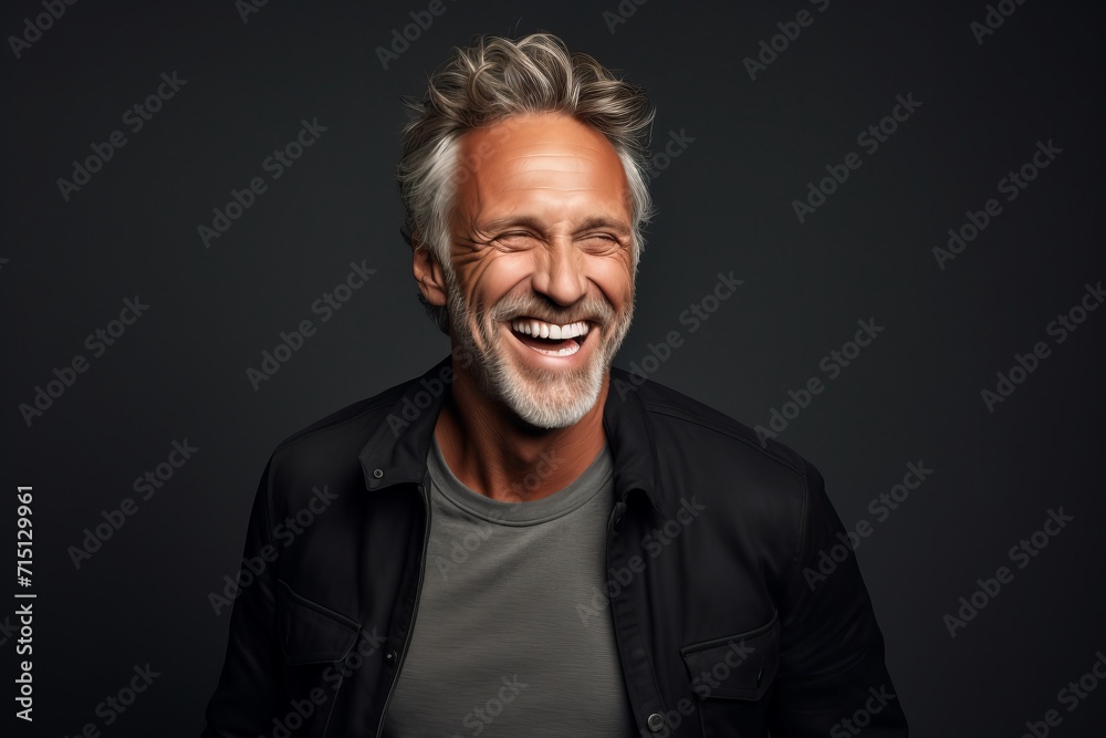 Handsome middle aged man laughing and looking at camera while standing against grey background