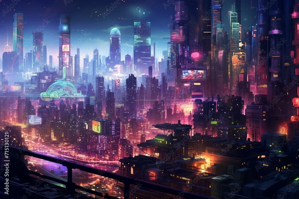 A high-tech cityscape after dark. Generative AI