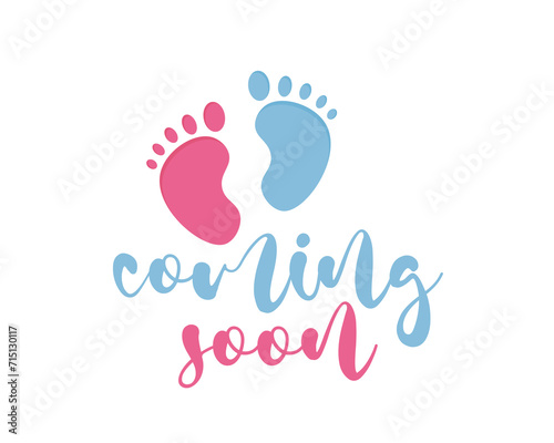 Coming soon - card template with a multi-colored inscription. Vector illustration for gender reveal party