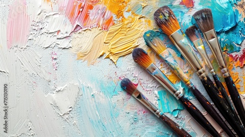 Painting supplies with different brushes and palettes on a white surface, illustrating the passion for painting