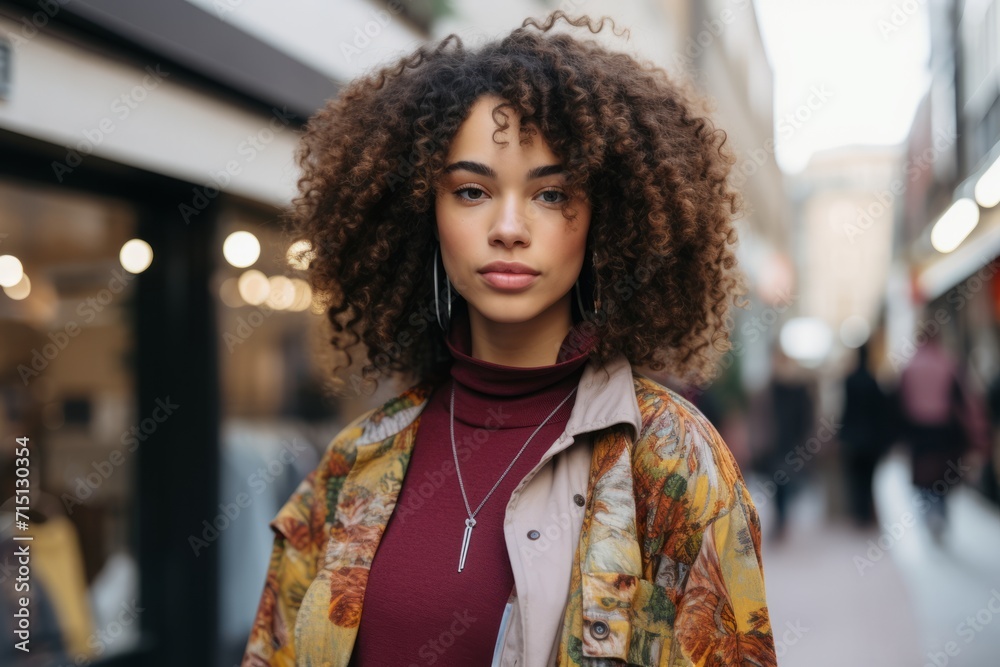 Portrait of a beautiful young african american woman with curly hair in the city Portrait of a beautiful young african american woman with curly hair in the city