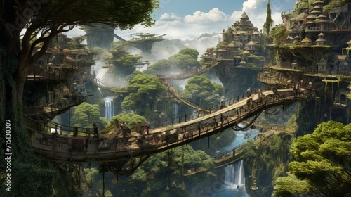 A peaceful village in the treetops, connected by suspended bridges