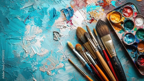 Painting supplies with different brushes and palettes on a white surface, illustrating the passion for painting