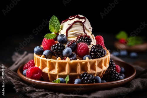 Vanilla ice cream in a waffle cup with berries and chocolate. Generative AI.