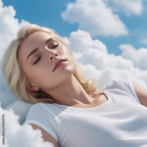 A Blonde Woman In A White Top Sleeps On Soft Comfortable Clouds, Illustration