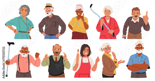 Frustrated Wrinkles, Furrowed Brows, And Fiery Eyes Reveal The Discontent Of Angry Elderly People, Vector Illustration photo