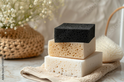 Beige and black cleaning sponges on towel on a white marble surface. Household eco supplies. Spring cleaning, home cleaning, housework and hygiene concept. Minimalistic design for banner, poster