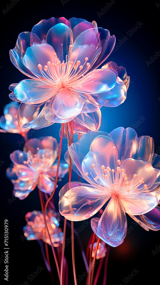 Surreal night jungle with luminescent plants and flowers. Wonderful fantasy magical bioluminescent flowers Surreal night jungle with luminescent plants and flowers. Wonderful fantasy magical bioluminescent flowers