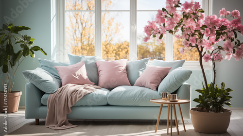Light pink and blue stylish furniture, light blue or marine color armchair with decorative pillow, home style photo