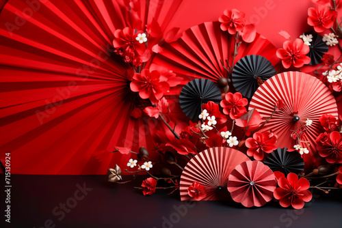 Chinese lanterns with fan background on red background