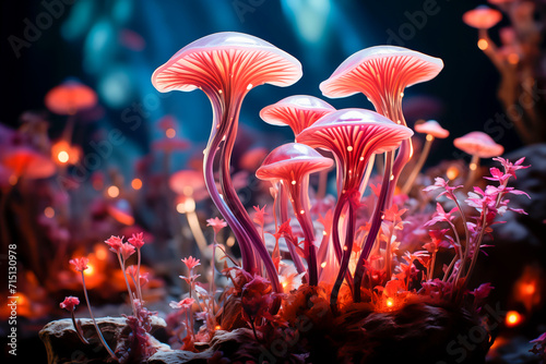 beautiful fantasy magic mushroom in fairy forest, fireflies bokeh lighting background, magic atmosphere