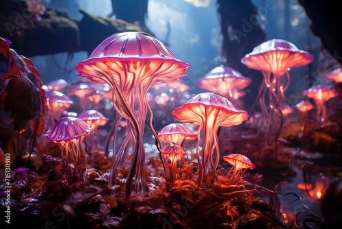 beautiful fantasy magic mushroom in fairy forest, fireflies bokeh lighting background, magic atmosphere