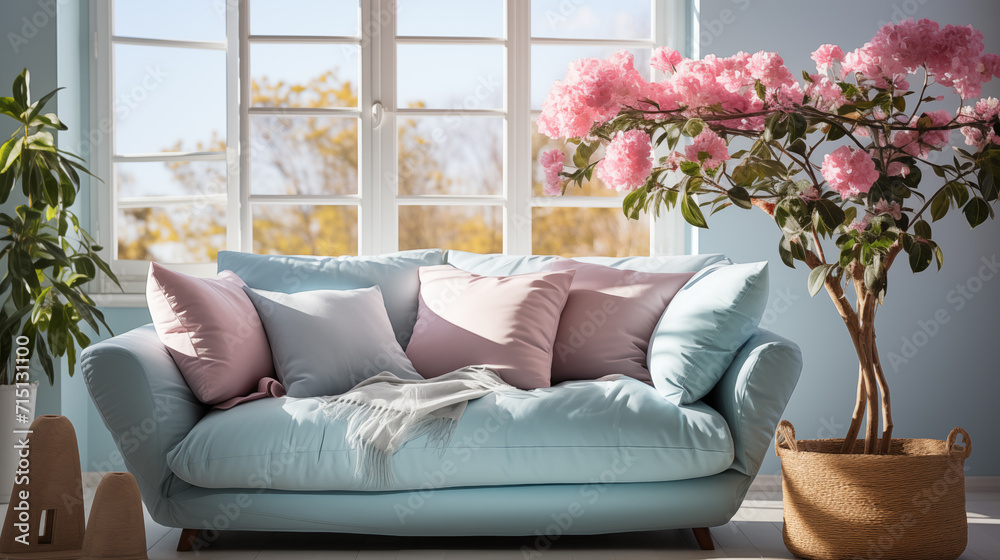 Light pink stylish furniture, armchair or couch with decorative pillow, home style Light pink stylish furniture, armchair or couch with decorative pillow, home style