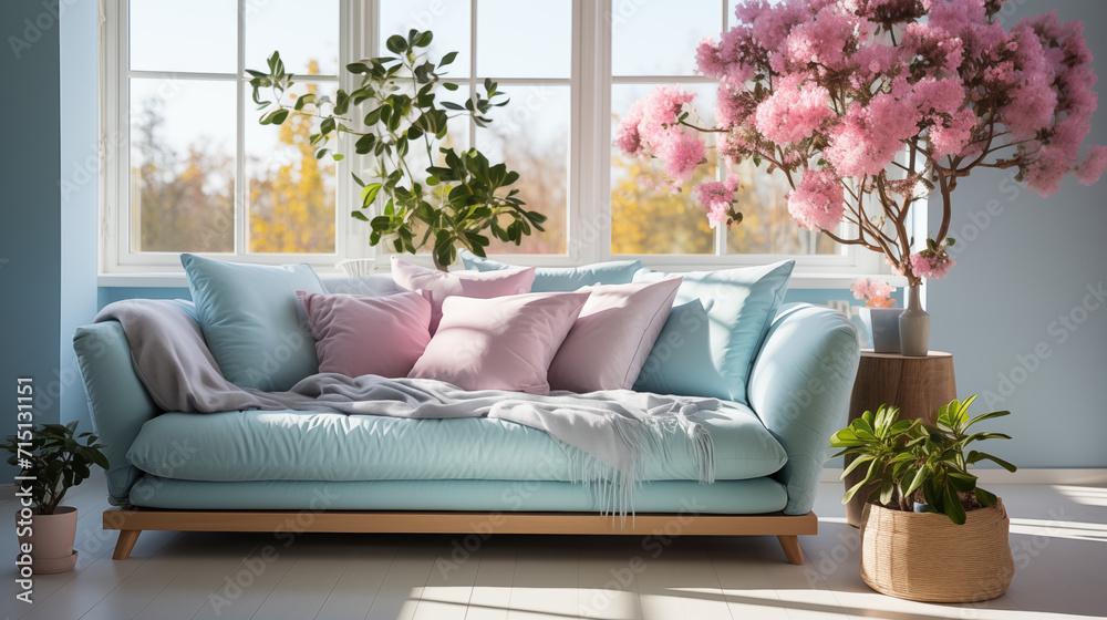 Light pink stylish furniture, armchair or couch with decorative pillow, home style Light pink stylish furniture, armchair or couch with decorative pillow, home style