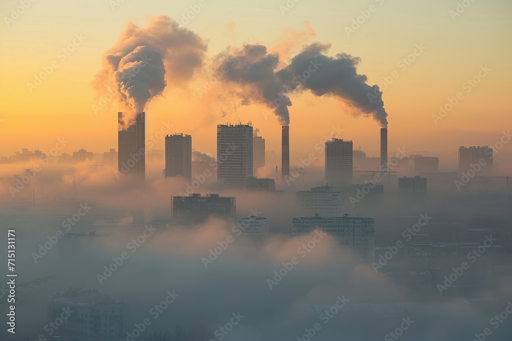 Air pollution in a cityscape with smog-covered skyline