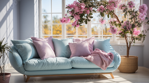 Light pink stylish furniture, armchair or couch with decorative pillow, home style © lisssbetha