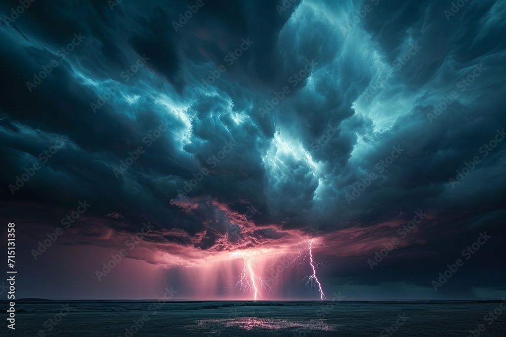 Thunderstorm with lightning strikes over a darkened landscape