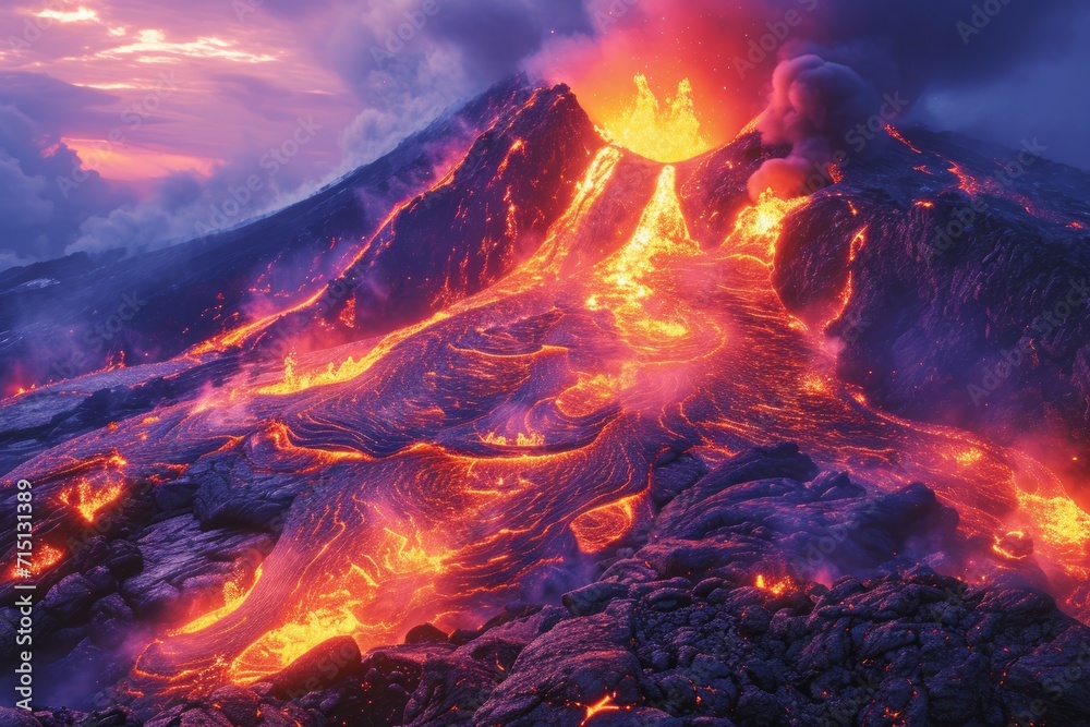 Volcano during an eruption with lava and smoke