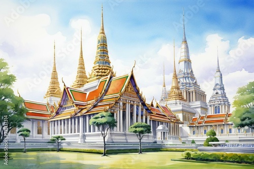 Watercolor-style illustration of ancient architecture and art in the grand palace, Wat Phra Kaew, Bangkok. Generative AI photo