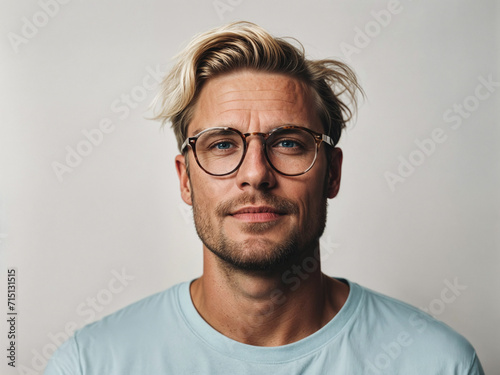 AI generated illustration of a nan with glasses wearing white t-shirt, standing up photo
