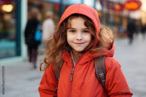 Portrait of a cute little girl in red coat on the street
