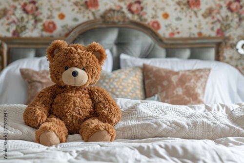 A beloved teddy bear rests peacefully on a cozy bed, surrounded by soft linens and plush cushions in a warm and inviting bedroom