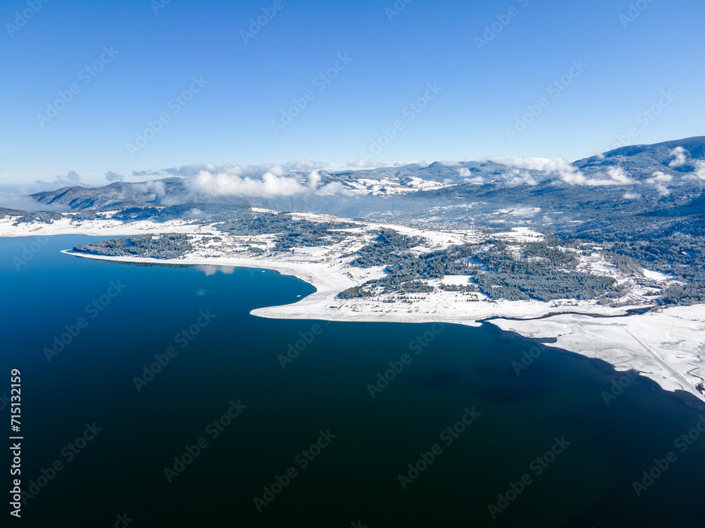 Aerial winter view of Batak Reservoir, Bulgaria