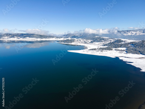 Aerial winter view of Batak Reservoir  Bulgaria
