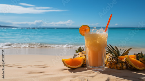 Glass of tropical beverage with ice and different decoration. Background of a sunny beach with palms and coast. Concept of paradise