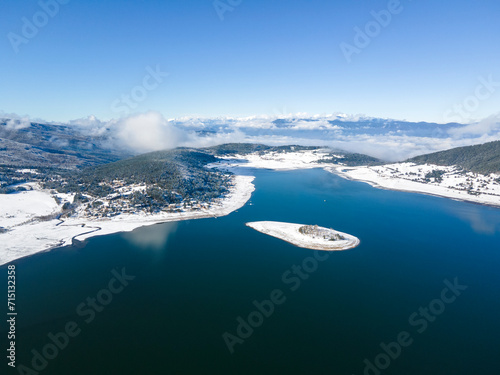 Aerial winter view of Batak Reservoir, Bulgaria