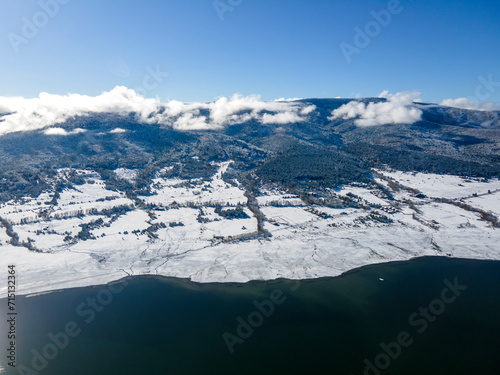 Aerial winter view of Batak Reservoir  Bulgaria