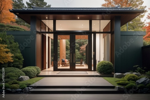 Residential architecture exterior home design of modern house japanese with main entrance of villa front yard in fall forest and black panel wall with glass front door