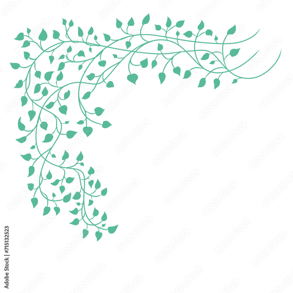 Leaves and ivy vine design element in blue green, corner border design in floral spring climbing vines silhouette or outline pattern - obrazy, fototapety, plakaty 