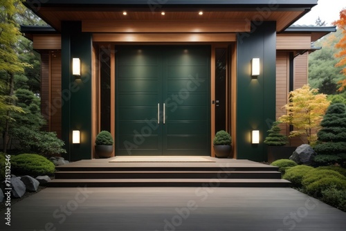Residential architecture exterior home design of modern house japanese with main entrance of villa front yard in fall forest and black panel wall with glass front door