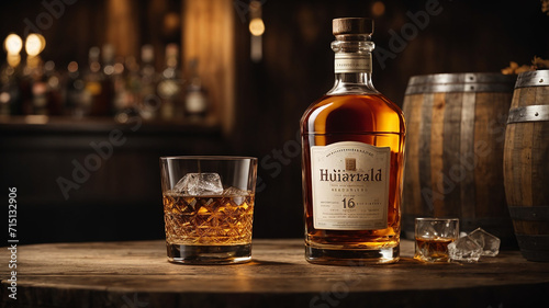 Brandy bottle of whiskey with ice glass