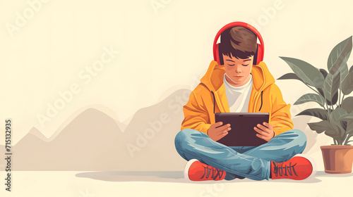 Boy sitting on the floor with red headphones and a tablet, vetor style (Generative AI)