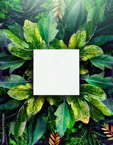 Imagem abstrata de folhas e galhos de árvore como textura estilo arte. Folha quadrada em branca no centro. photo