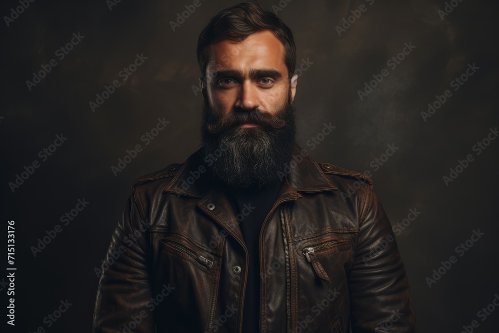 Portrait of a bearded man in a leather jacket on a dark background. Portrait of a bearded man in a leather jacket on a dark background.