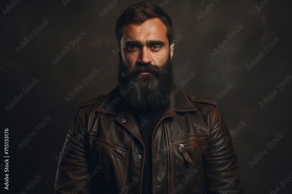 Portrait of a bearded man in a leather jacket on a dark background.