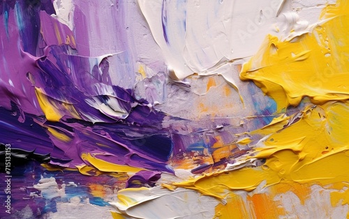 Abstract painting background with bold, purple and yellow color strokes in impasto style