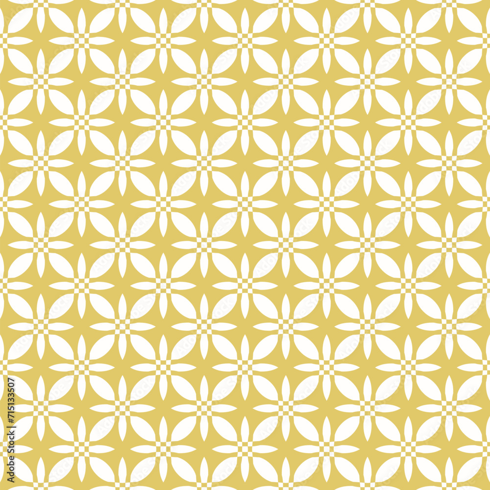 Vector golden seamless pattern in oriental style. Simple gold geometric floral ornament. Abstract background texture with flower shapes, lattice, repeat tiles. Geo design for decor, textile, print