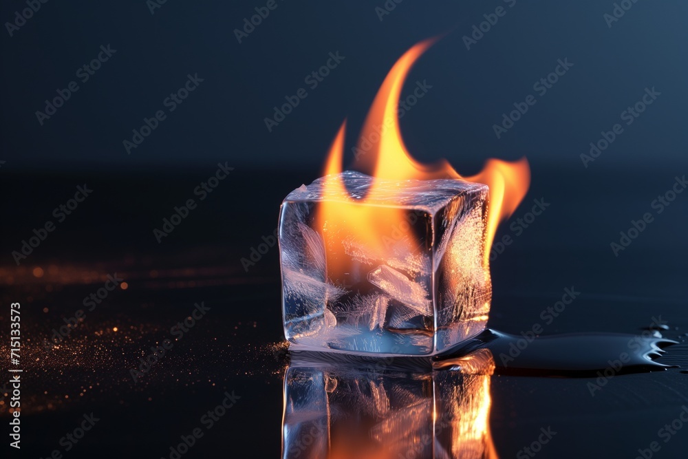 an ice cube on fire, melting in the heat, as a visual representation of run away climate change 