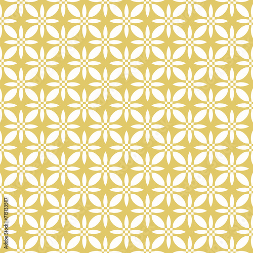 Vector golden seamless pattern in oriental style. Simple gold geometric floral ornament. Abstract background texture with flower shapes, lattice, repeat tiles. Geo design for decor, textile, print