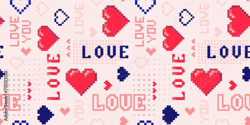 Valentines day seamless pattern in pixel art style. Retro 1980s - 1990s fashion. Abstract background with hearts, text Love You, geometric shapes. Stylish repeat texture. Trendy modern repeated design